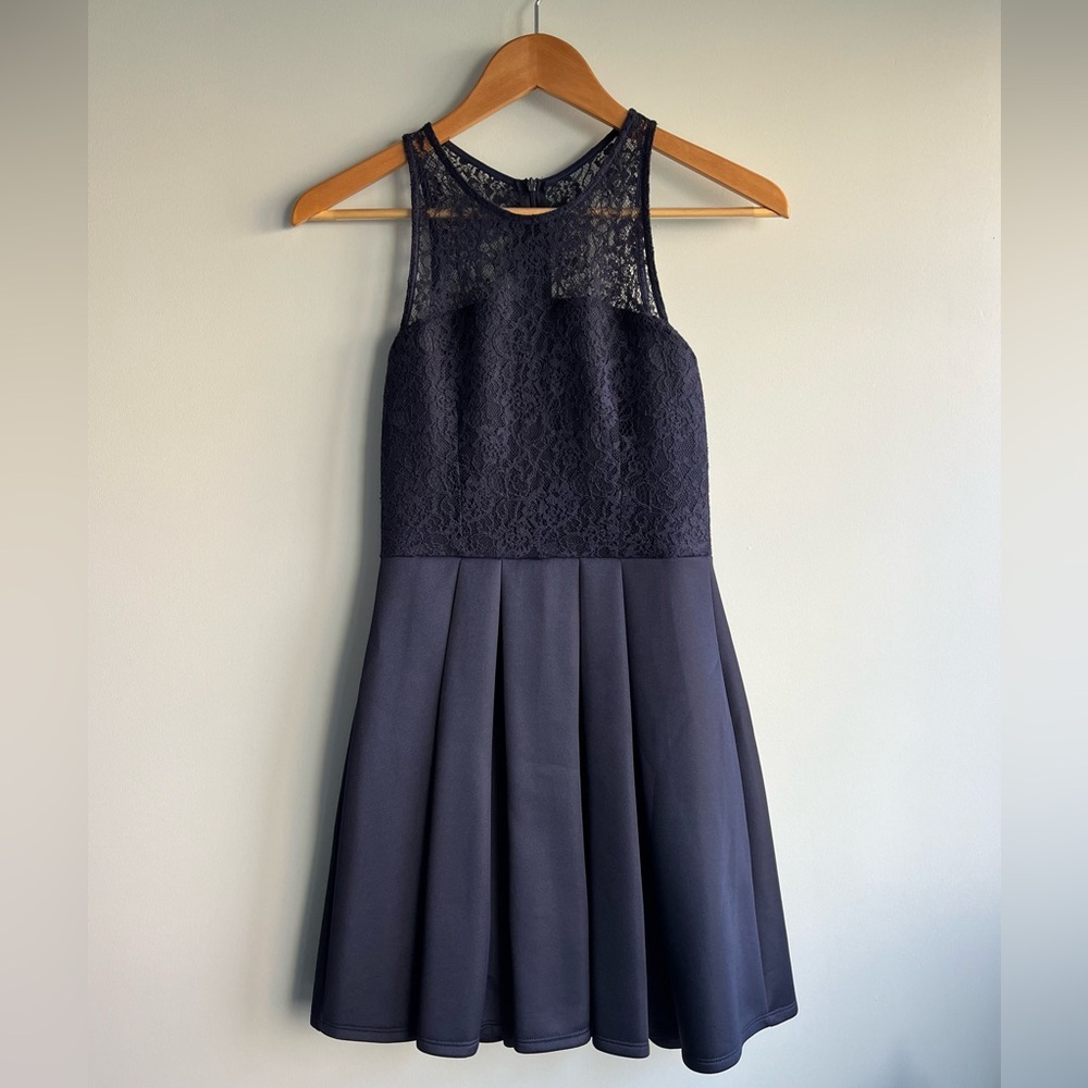 Aqua Blue Halter Navy Lace Dress